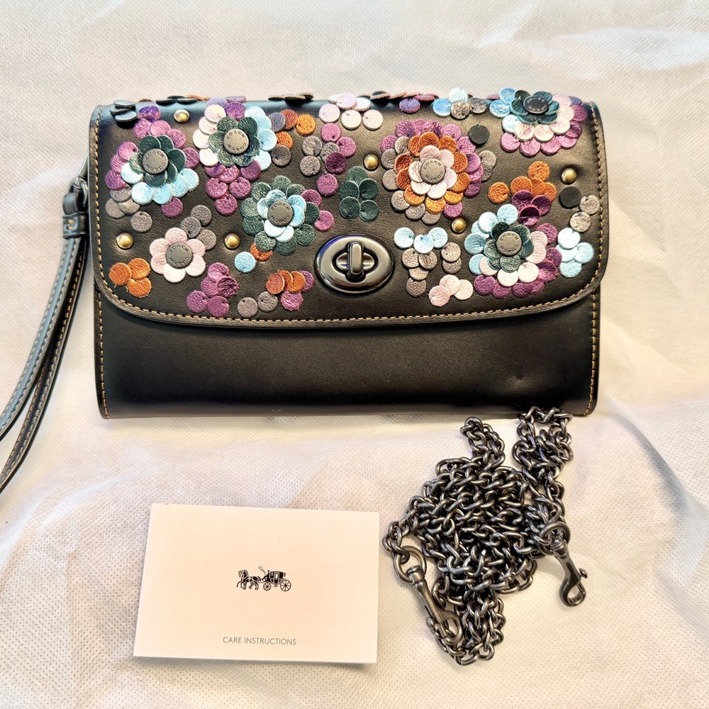 Coach Black Leather Floral Appliqué Wristlet Clutch with Multicolor Flowers